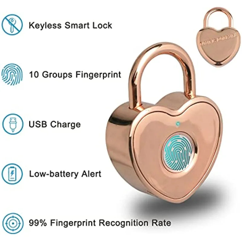 Heart Shape Fingerprint Padlock Locker Lock USB Rechargeable Gym Locker School Bag Lock