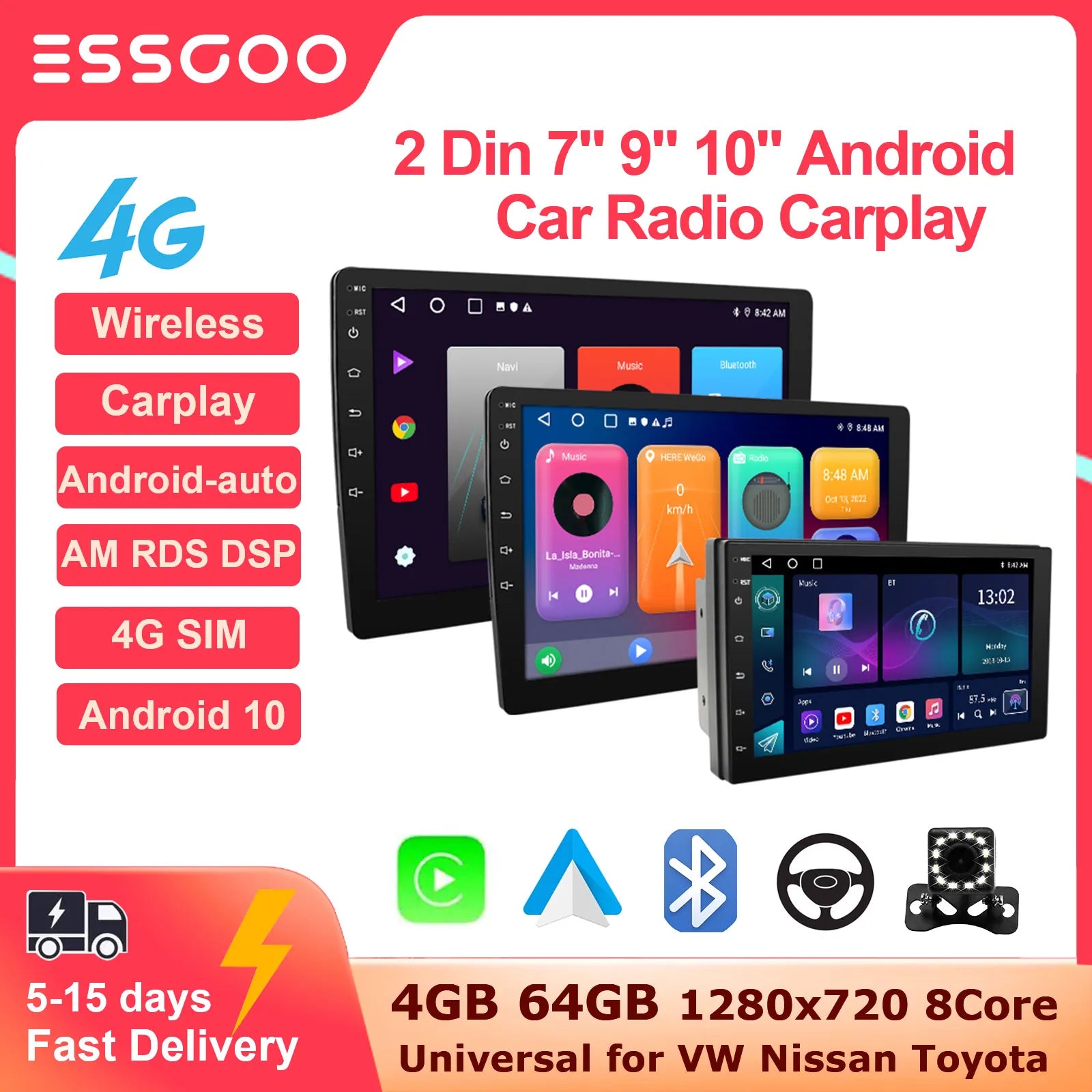 ESSGOO 2 Din Car Radio Carplay Android Auto 7 9 10 Inch 4G 64G Universal Multimedia Player DSP AM RDS AHD GPS WIFI Autoradio