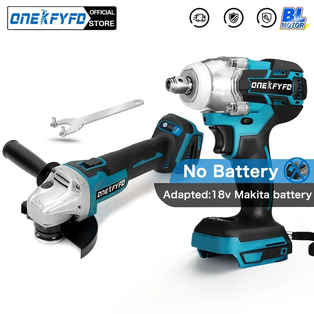 2 IN 1 Brushless Cordless Electric Impact Wrench 1/2 Inch + Cordless Impact Angle Grinder DIY Power Tools Without Battery