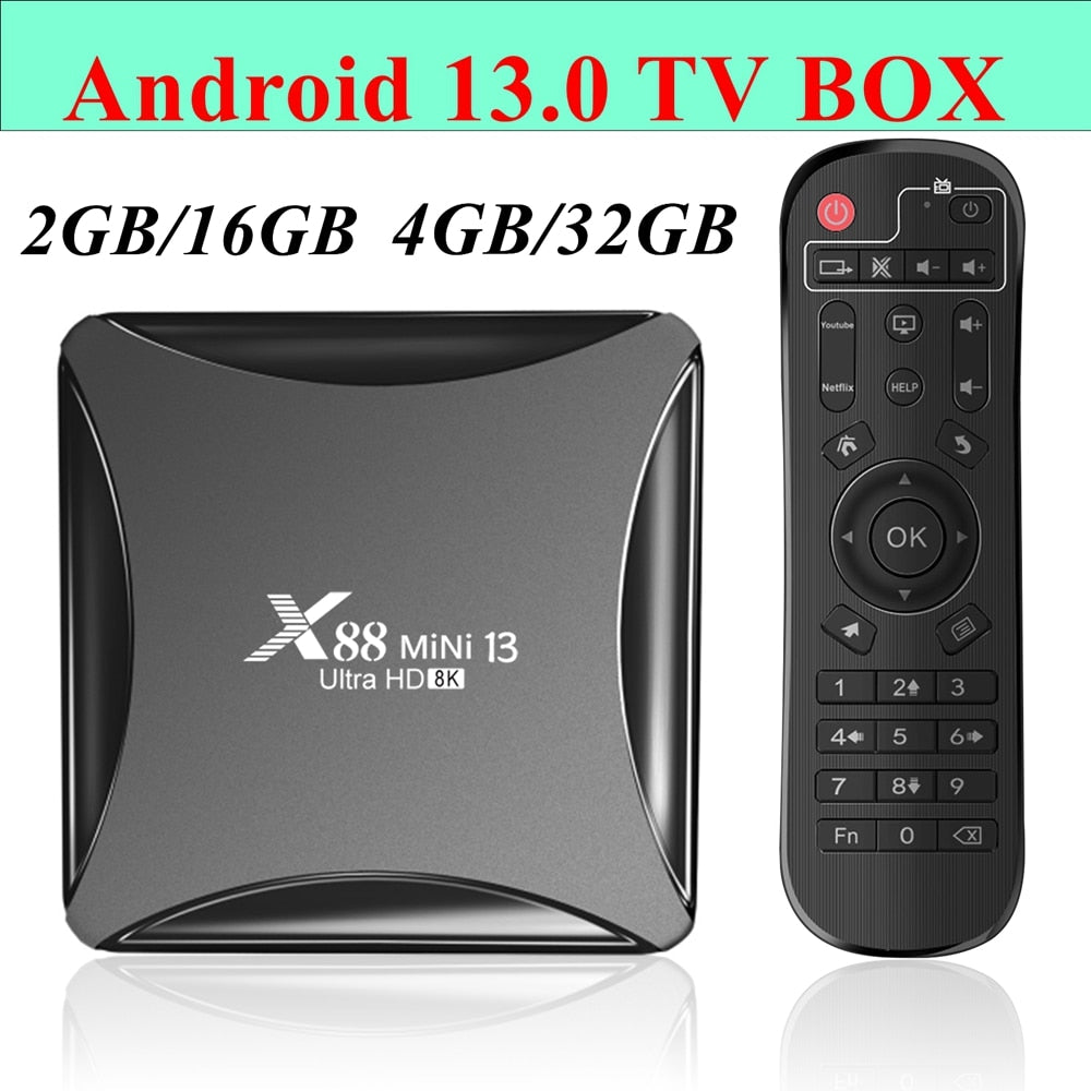 X88 Mini 13 Android 13.0 TV Box RK3528 Quad Core 2G/16G 4G/32G 2.4G 5G Dual WIFI H.265 8K UHD Youtube Smart Media Player