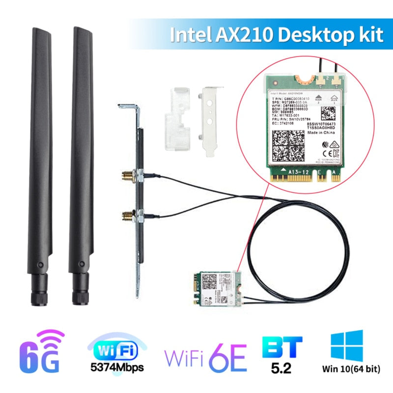 Tri Band 5374Mbps Wifi 6E Intel AX210 M.2 Wifi Wireless Card Bluetooth 5.3 802.11ac/ax AX210NGW With 10dbi Antennas For Win 10