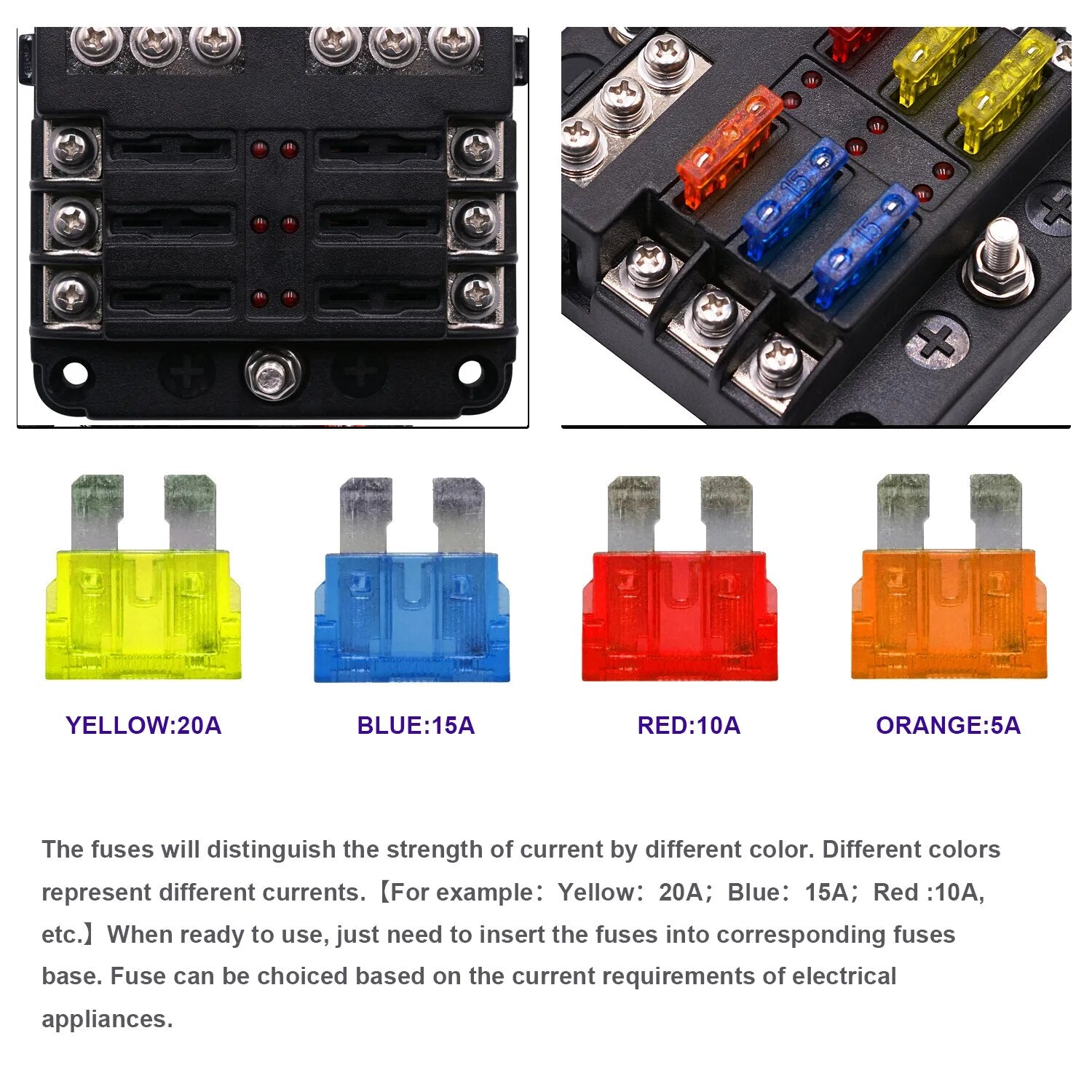 Car Boat Fuse Box Holder With 6 Ways 12 Ways Blade Fuse Holder Block & Warning Indicator 12V 36V Power Distribution Panel Board