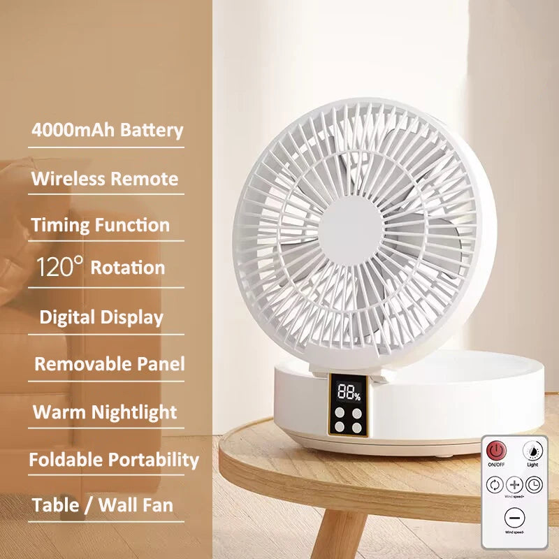 4000mAh Battery Foldable Portable Electric Air Cooling Table Fan USB Rechargeable Remote Control Circulation Wall Mounted Fan