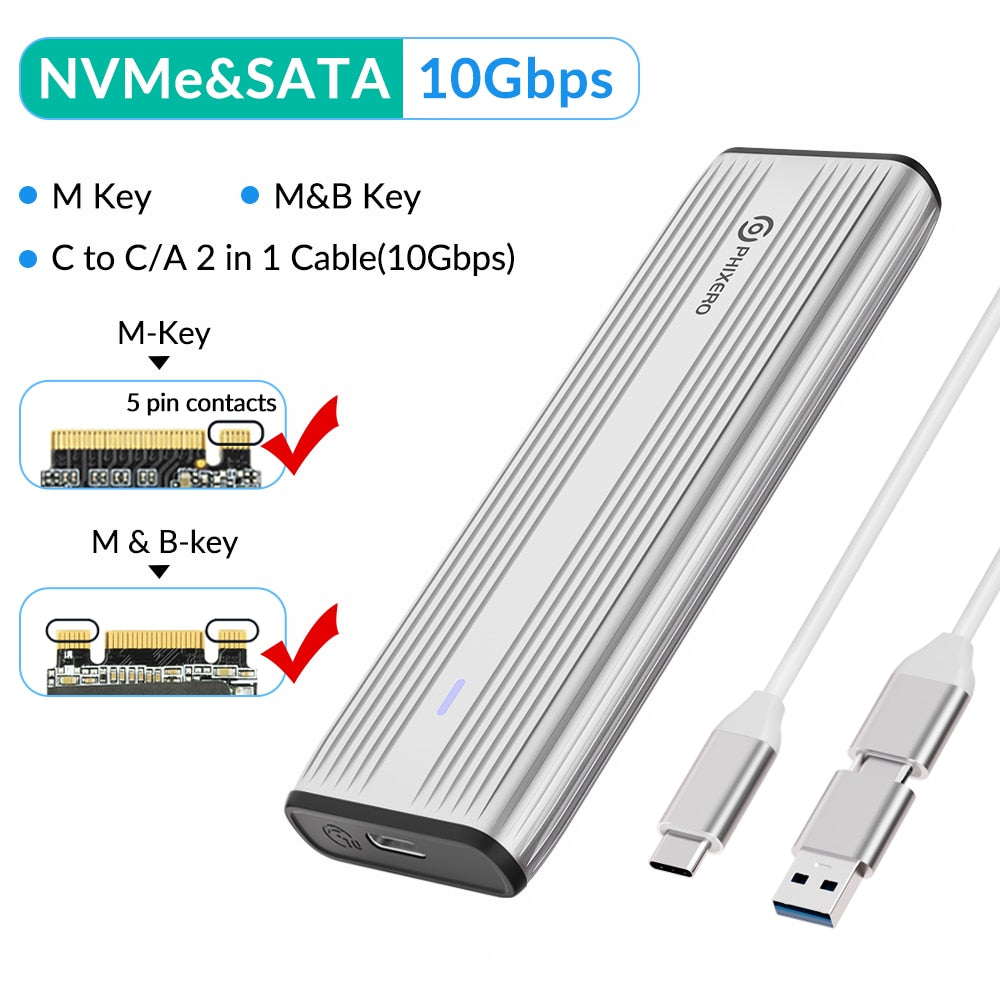 PHIXERO M.2 NVMe SATA SSD Enclosure Dual Portocol NVMe to USB Adapter 10Gbps USB 3.1 Gen2 USB C External Case Box Aluminum alloy