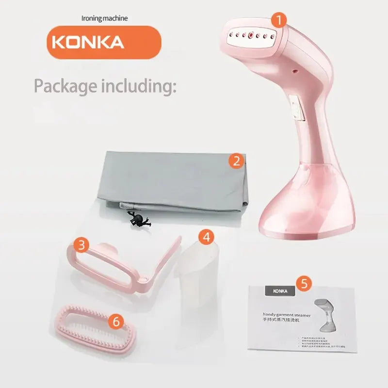 KONKA Handheld Garment Steamer Pink Ironing For Clothes 250ml Portable Home&Travel 15s Fast-Heat Household Fabric Steam