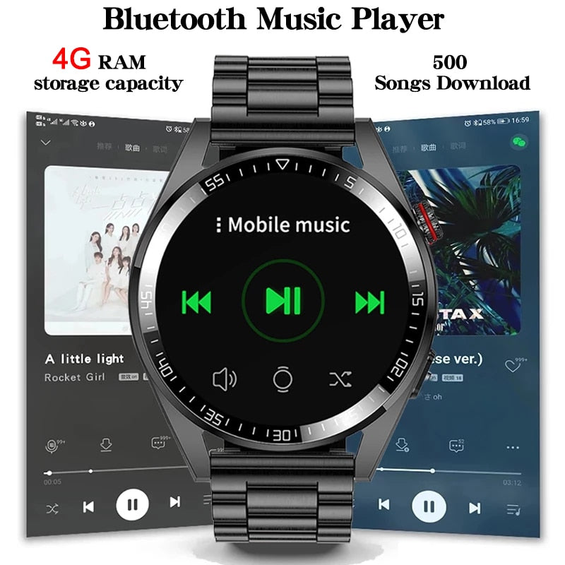 New Smart Watch Mens 4G Memory Local Music Player 454*454 AMOLED Screen Bluetooth Call Sports Man Smartwatch For Samsung Huawei