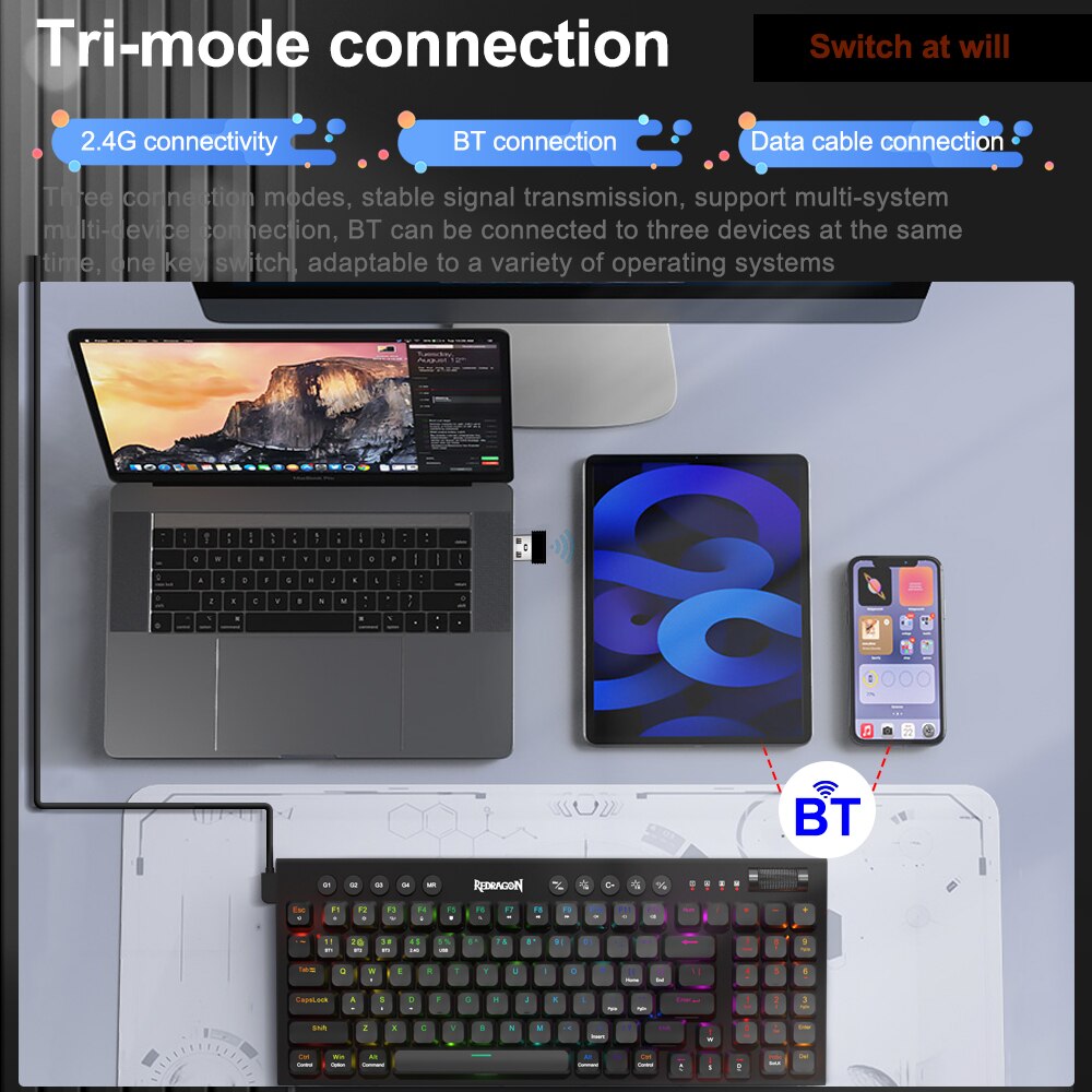 REDRAGON Sion K653 Pro RGB Support Bluetooth 5.0 Wireless USB 2.4G 3 Mode Slim Mechanical Gaming Keyboard 94 Keys for Compute PC