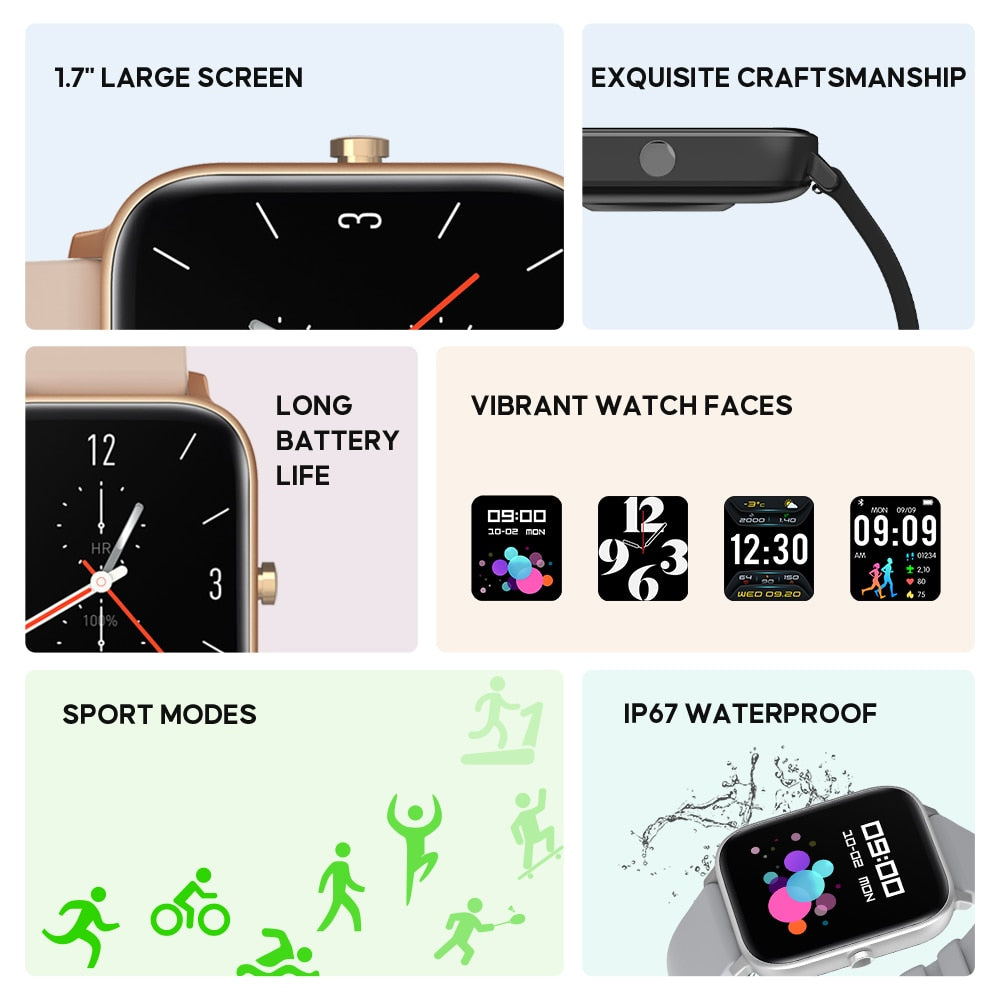 Ainuevo P8GT Bluetooth Call Smart Watch 1.7"HD Display Heart Rate Waterproof IP67 28+ Sport Modes