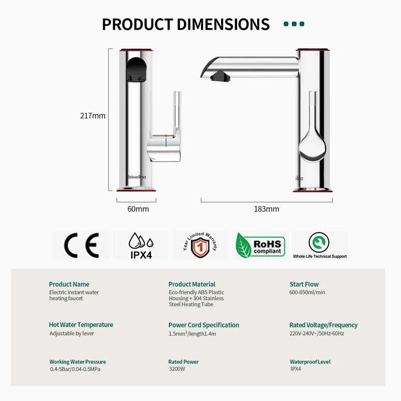 Briwellna Instant  Hot Water Faucet Electric Water Heater 220V Bathroom Smart Water Heater Electric Faucet Tankless Geyser