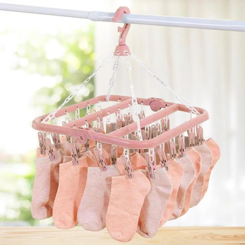 32 Clips Folding Clothes Dryer Hanger Children Adults Clothes Dryer Windproof Socks Underwear Plastic Drying Rack Clothes Hanger