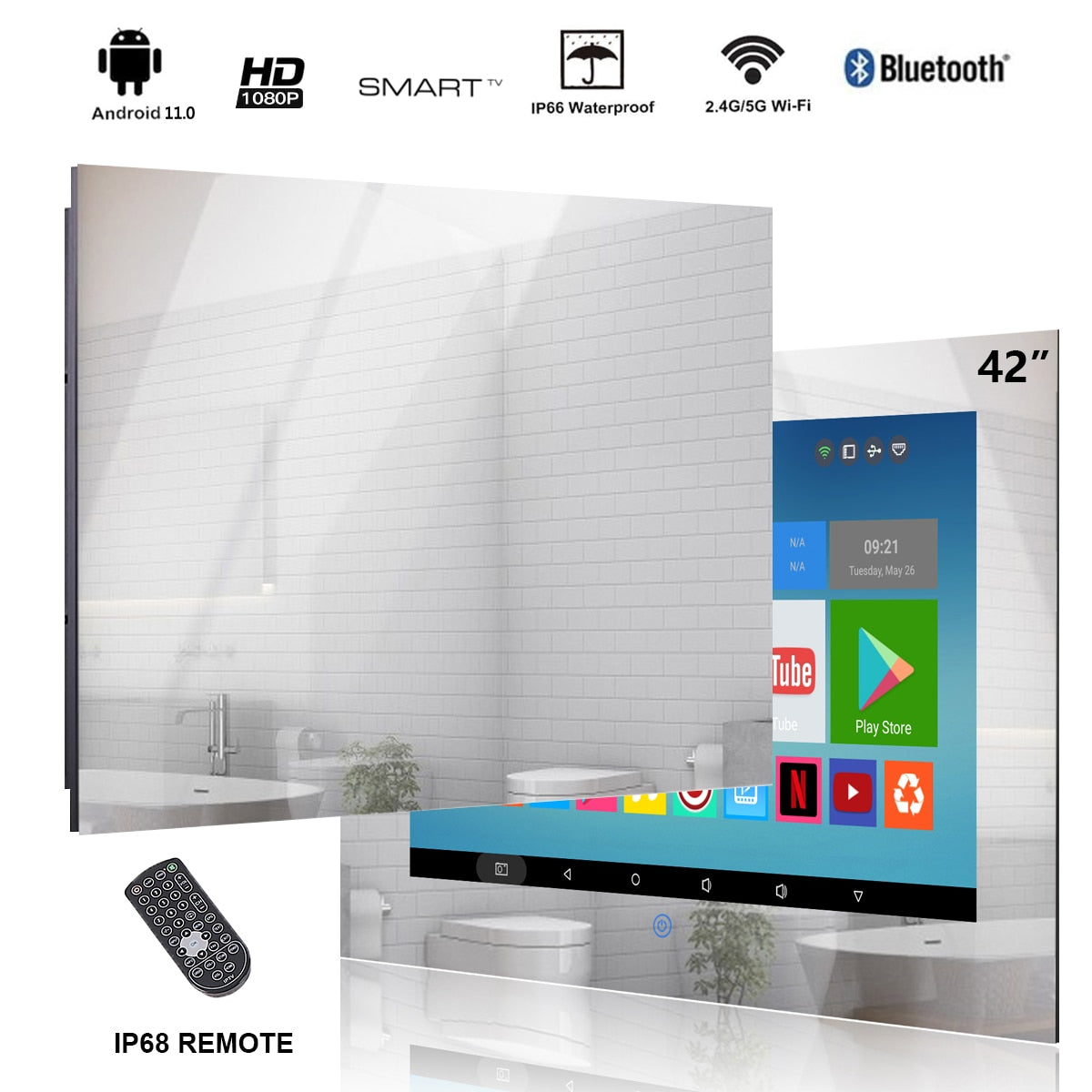 Haocrown 42 Inch Waterproof Mirror TV, Smart Android 11.0 Television Full HD 1080P Built-in Wi-Fi Bluetooth Waterproof Speakers