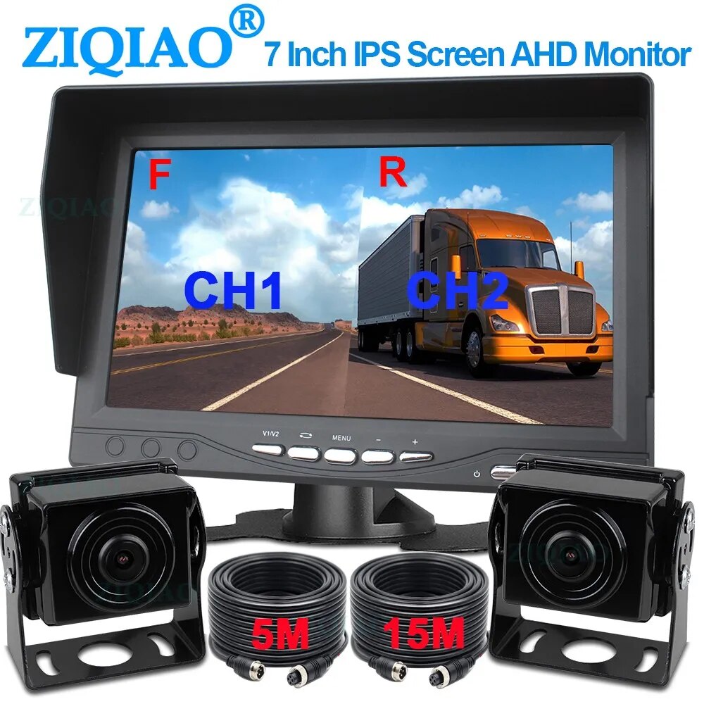 ZIQIAO 7 Inch AHD SD Recorder DVR Monitor 2 Split Screen 2CH Bus Truck RV Harvester Monitoring System A738