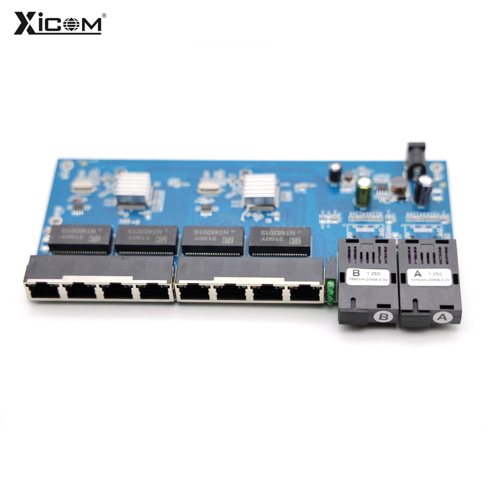 100/1000M Reverse POE Fiber Ethernet Switch 20km 2F8E Gigabit PCBA placa metro Optic Media Converter Board Output12V 1310/1550nm