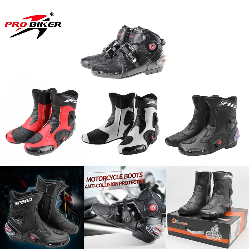 PRO-BIKER Motorcycle Racing Riding Boots Leather Shoes Protective Ankle Non-slip Anti Collision For Men Women Black Red White