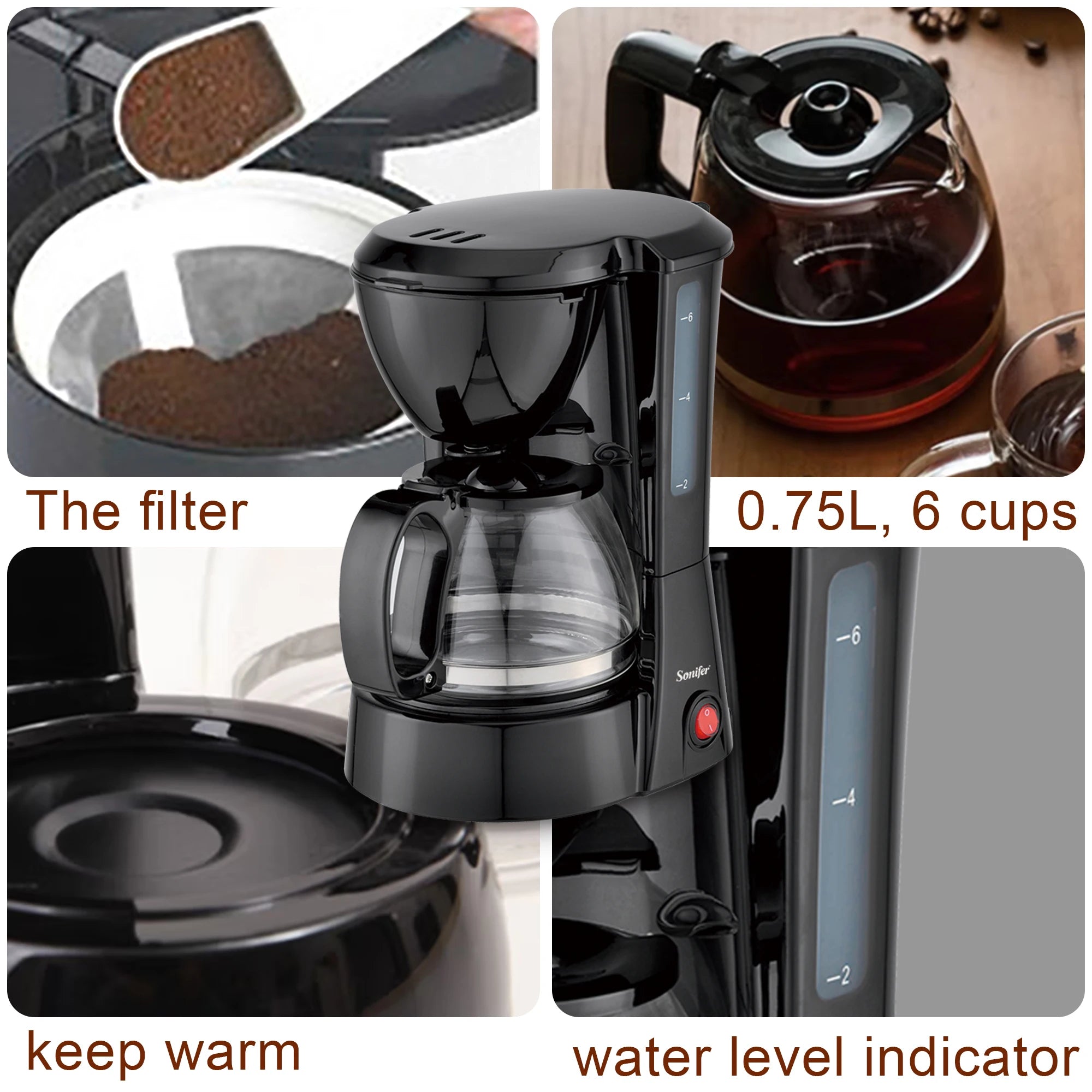 Electric Drip Coffee Maker 650W Household Coffee Machine 6 Cup Tea Coffee Pot Milk Coffee Maker for Gift 220V Sonifer