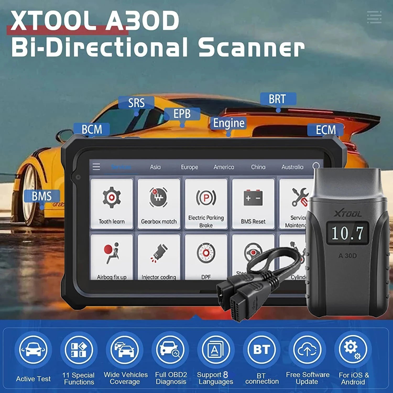 XTOOL Anyscan A30D Car OBD2 Scanner Bi-directional Control Full System Diagnostic Tool Voltage Display 11 Resets Lifetime Update