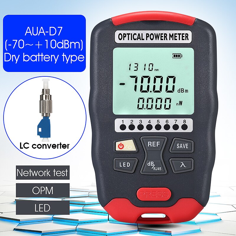 Mini Optical Power Meter(-70~+10dBm/-50~+26dBm OPM)With Network Test and LED Lighting AUA-D7/D5/DC7/DC5 Fiber Optic Cable Tester