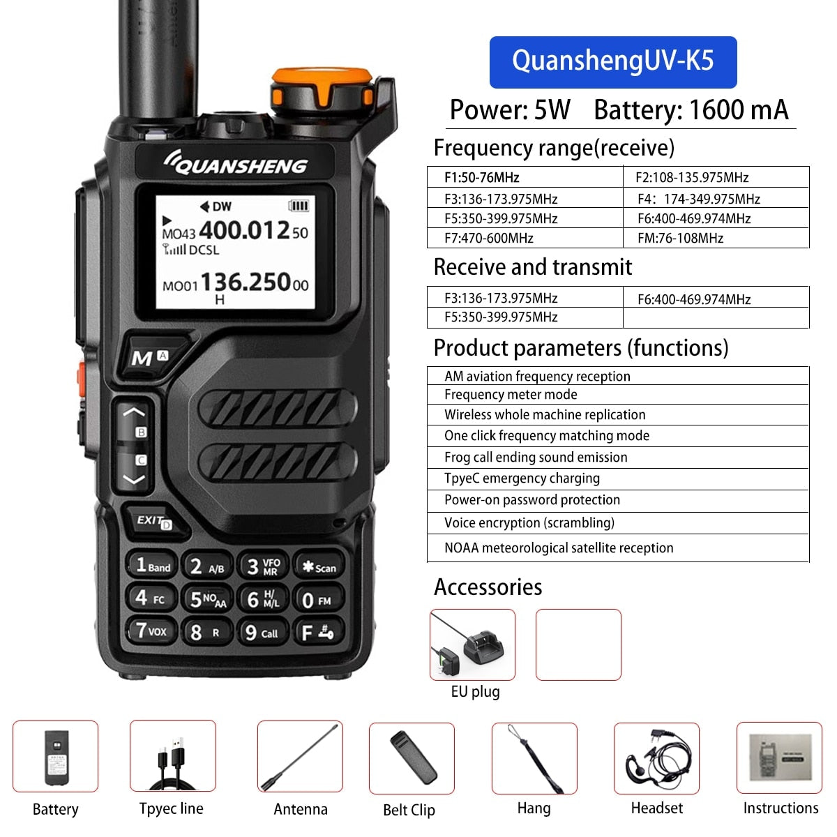 DELI 29M  UVK5walkie Talkiefull Bandaviation Band Hand Held Outdoor Automaticone Buttonfrequency Matching Go on Road Trip