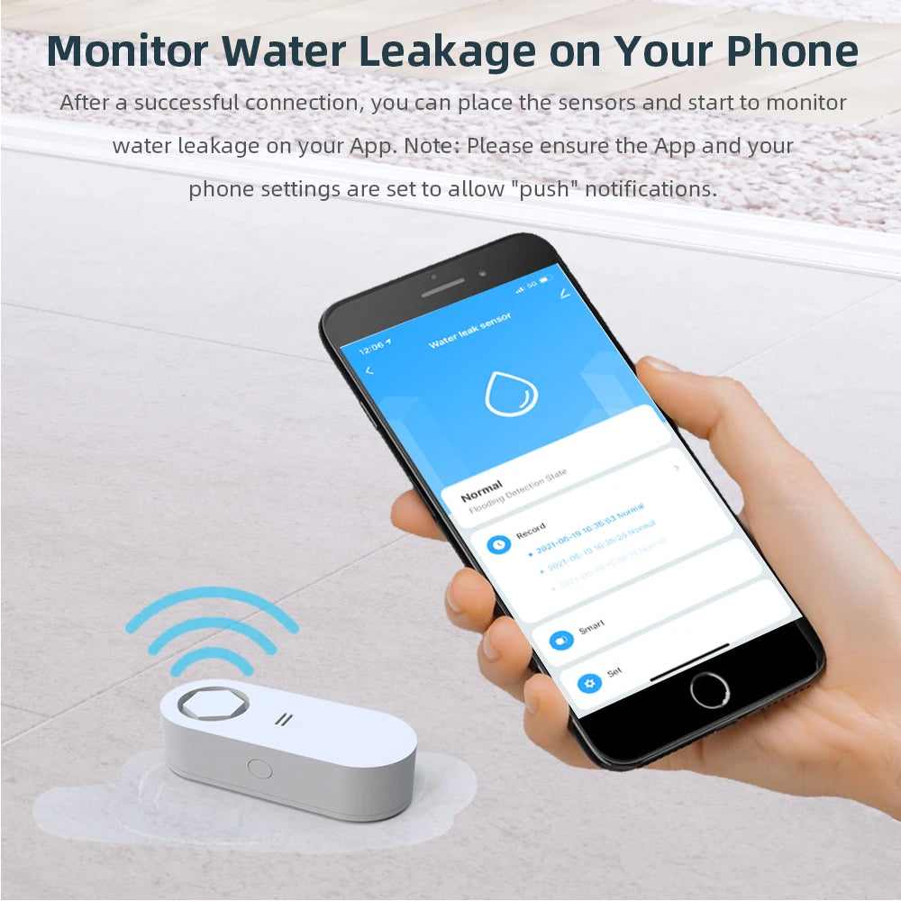 Tuya WiFi Dripping Water Leakage Detector 120DB Beep Siren Floor Water Leak Detector Flood Sensor APP Remote Alert Notification