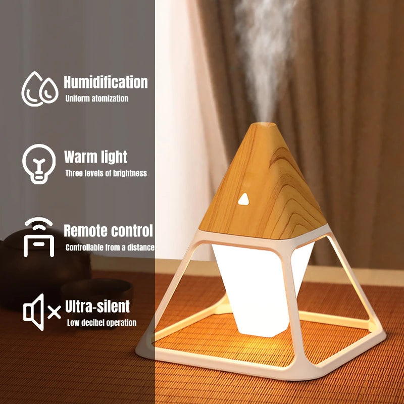 USB Wood Grain Volcano Pyramid Air Humidifier Remote Control Aromatherapy Essential Oil Diffuser with Warm Lamp Aroma Difusor