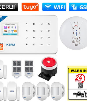 KERUI Tuya Smart WIFI GSM Security Alarm System Works With Alexa Home Burglar Motion Detector Smoke Door Window Sensor IP Camera