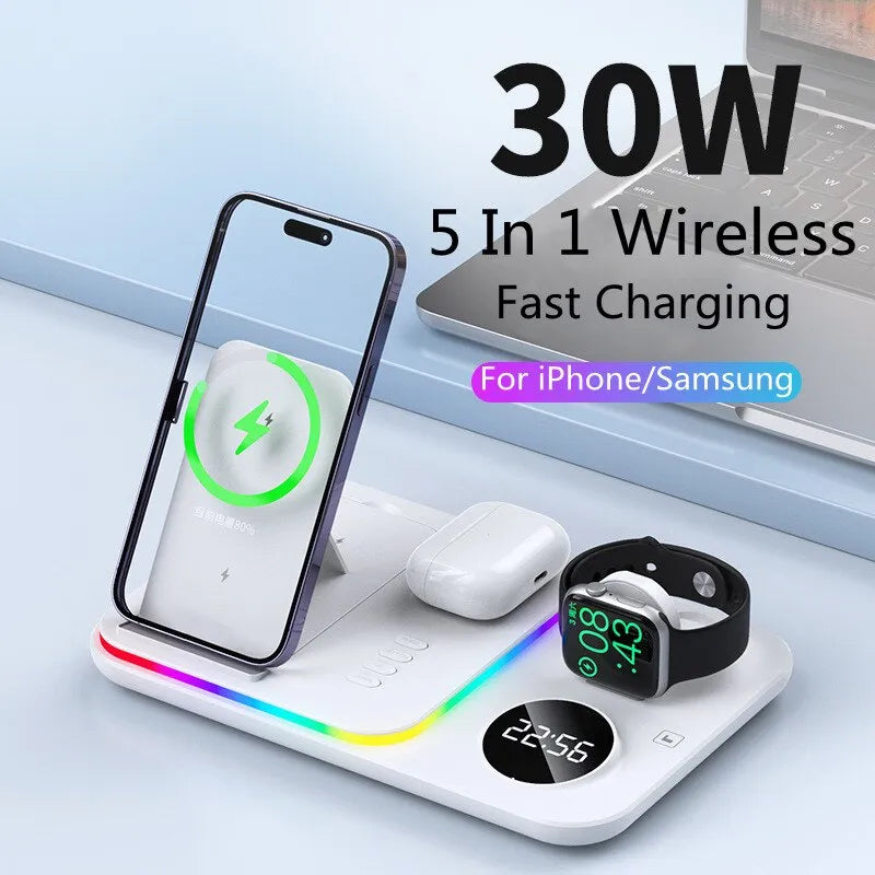 30W 5 In 1 Wireless Charger Stand Light Alarm Clock Fast Charging Station Dock For iPhone 14 13 12 IWatch Samsung Galaxy Watch
