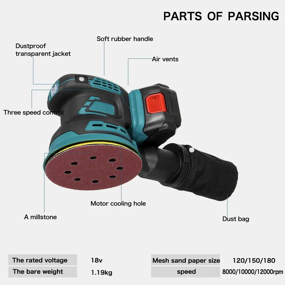 125MM Cordless Random-Orbital Electric Sander With 3 Sandpaper Wood Grinder Polishing Machine For Makita Batterry (No Battery)