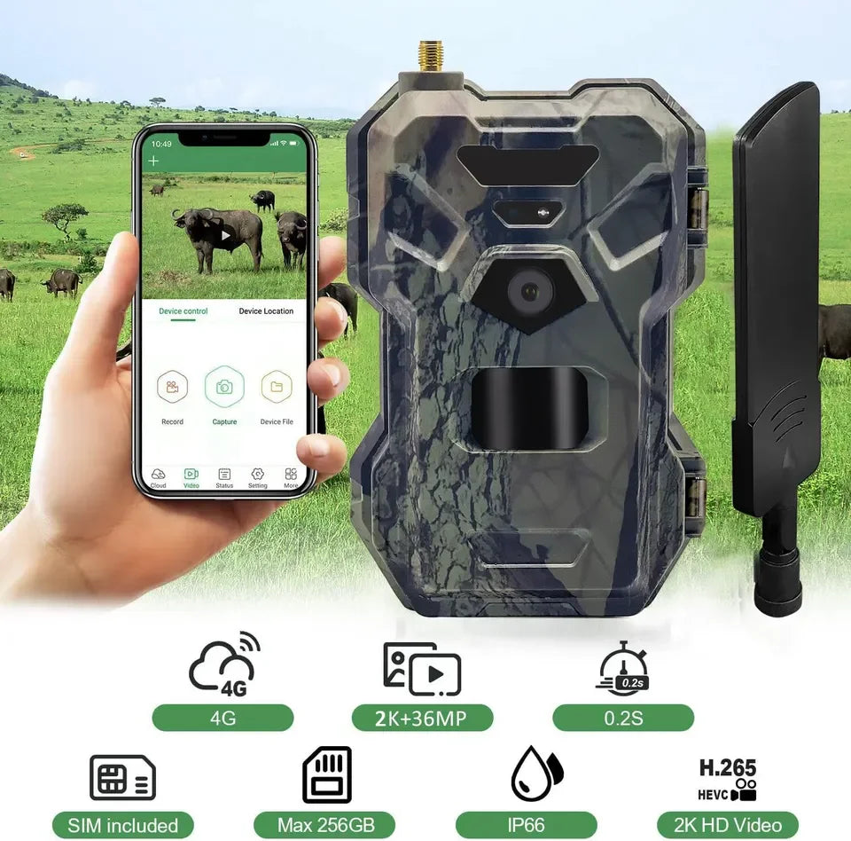 4G Hunting Trail Camera 30MP 2K APP Control Night Vision Trap Game 120 Degree Wireless Cellular Wildlife Cam with 256GB TF Card
