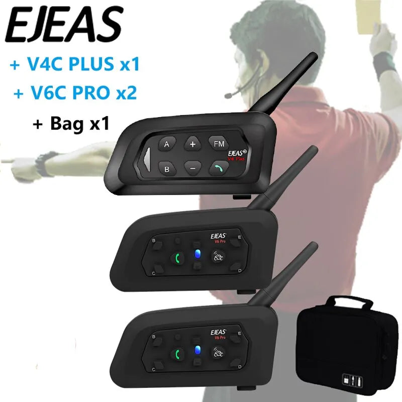 EJEAS V4C PLUS V6C PROx2 Football 3 Referee Intercom Headset 1200M Soccer Full Duplex Bluetooth Interphone Handbag