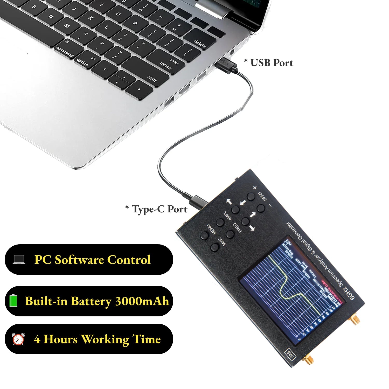 6GHz Portable SA6 Spectrum Analyzer & Signal Generator,3.2 inch Touch Screen,Built-in Battery,35~6200 MHz RF Input,PC Control