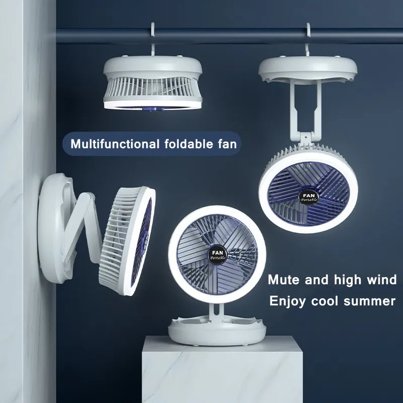 USB Charging Foldable Table Fan Wall Mounted Hanging Ceiling Fan with LED Light 4 Speed Adjustable For Home Room Air Cooler Fan