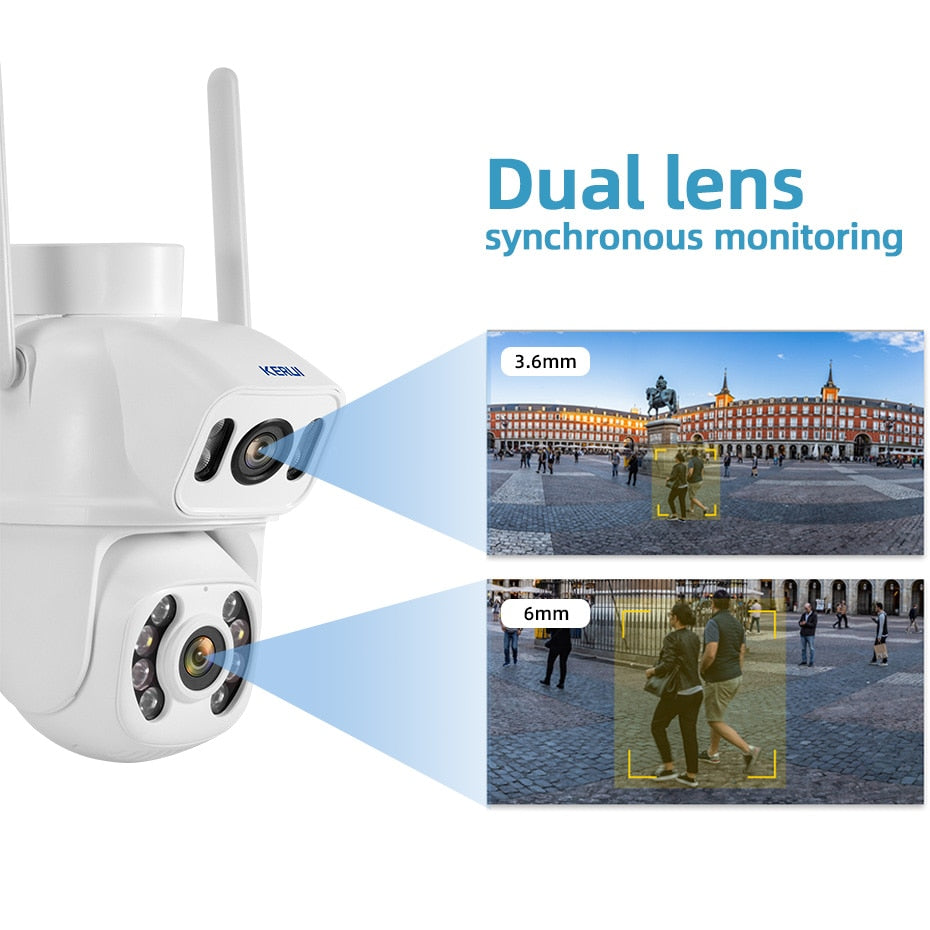 KERUI 6MP IP Camera Dual Lens WIFI Survalance Camera Security Protection Smart Home Human Shape Tracking Waterproof CCTV iCSee
