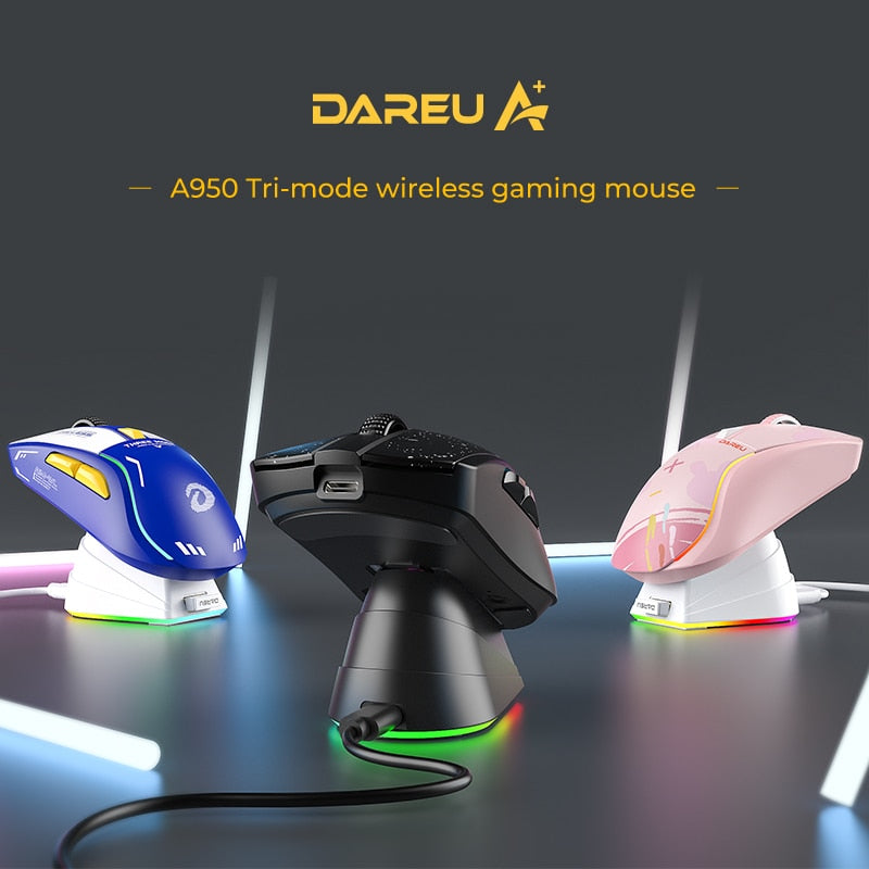 DAREU PC Gaming Mouse Tri-mode Connect Bluetooth Wired 2.4G Wireless Mice with Charging Base KBS Buttons Mous for Laptop Gamer