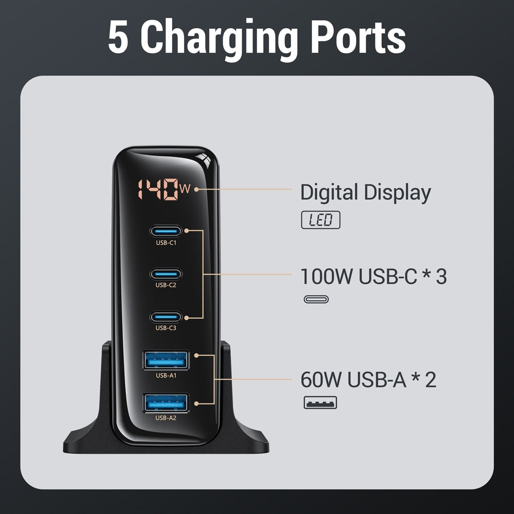 140W GaN Multi USB Charger PD3.0 Type C Fast Charging Station LED Display USB C Charger For Laptop iPhone 14 13 Samsung Xiaomi