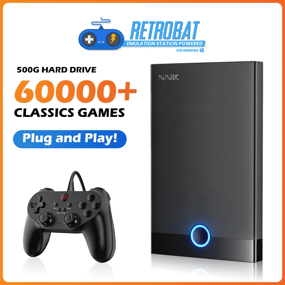 Portable External Game HDD RetroBat 500G Hard Drive For PS2/PSP/PS1/Sega Saturn/Wii/Wiiu with 60000 Retro Video Game for Windows