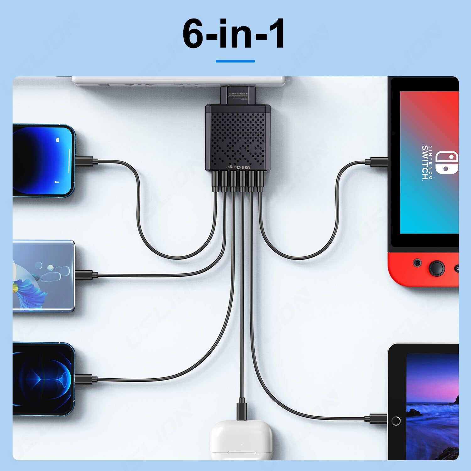 USLION 6 Ports USB Charger QC3.0 Fast Charging Quick Charger For Samsung S23 S22 Xiaomi Mobile Phone Charge Adapter KR Plug