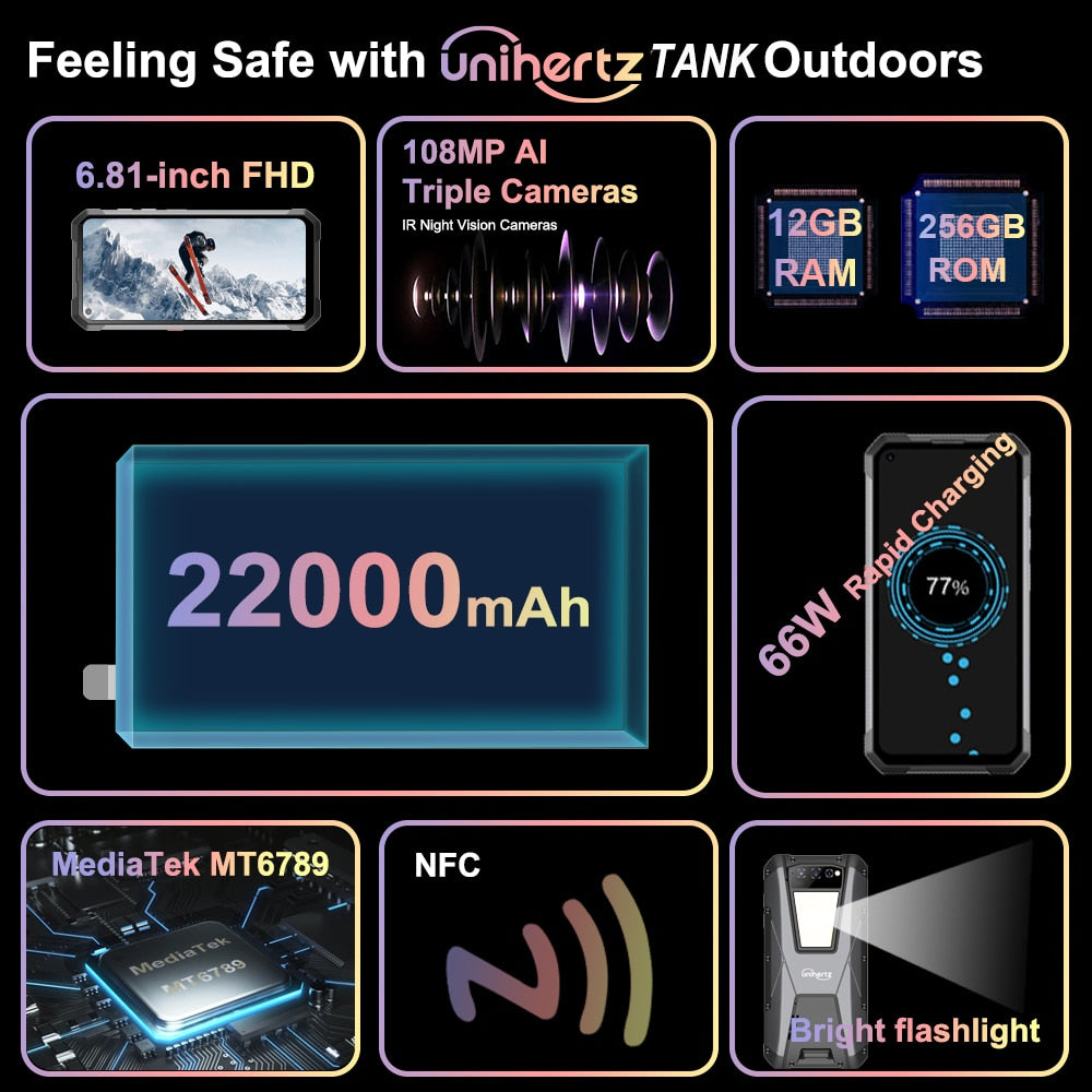 Unihertz TANK Large Battery Rugged Smartphone 4G Unlocked 8GB 258GB Mobile Phone 22000mAh 108MP G99 Android 12 Cellphone