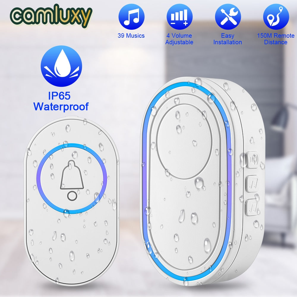 Camluxy Wireless Doorbell 39 Music LED Flash Security Alarm Outdoor IP65 Waterproof Smart Home Intelligent Door Bell Chime Kit