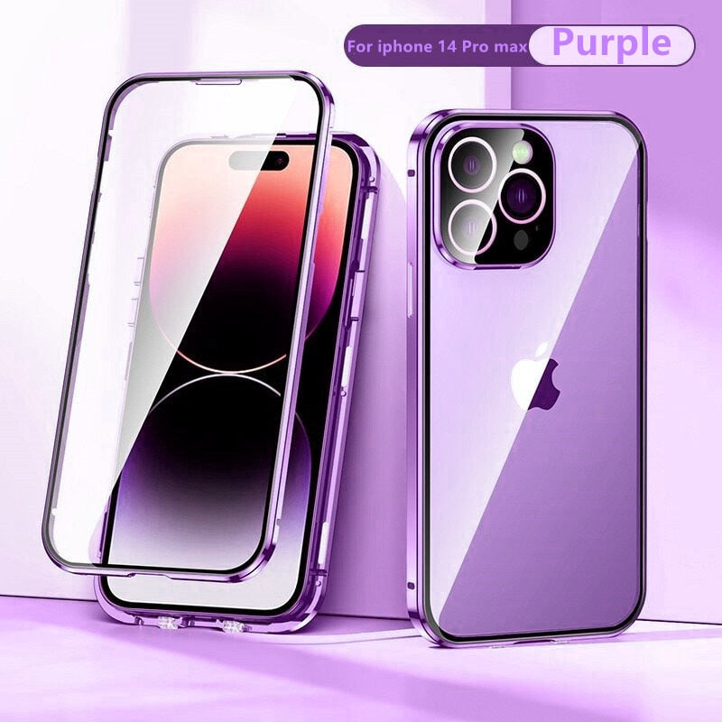 Shockproof Full Lens Protection Double Sided Glass Magnetic Clear Case Luxury Metal Frame Phone Case for IPhone 14 13 12 Pro Max