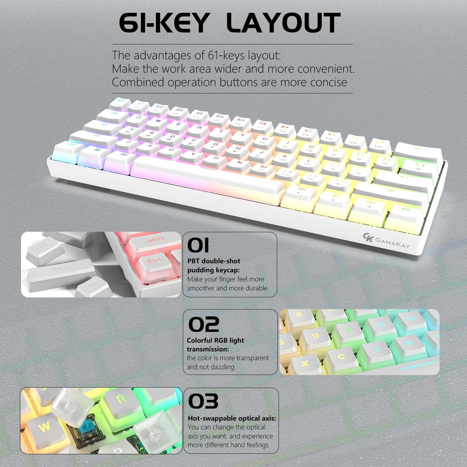 GamaKay MK61 60% Wired RGB Mechanical Keyboard Gateron Optical Switch Pudding Keycaps68 Keys Hot Swappable Gaming Keyboard