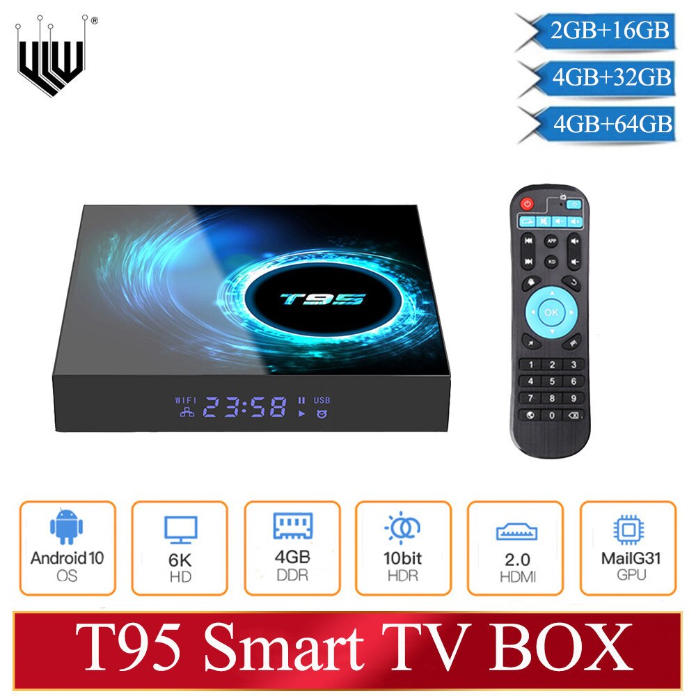 YLW T95 Smart TV Box Android 10.0 Dual Wifi 3D Voice 4G 16g 32gb 64gb 4k Quad Core Set Top Box Media Player