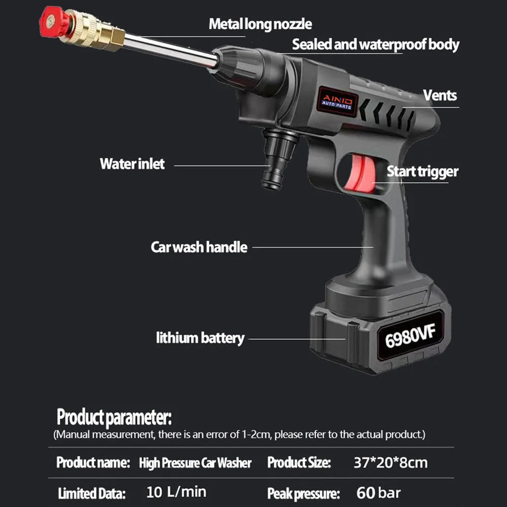 300W 60Bar Wireless High Pressure Car Wash Washer Gun 30000mAh Foam Generator Water Gun Spray Cleaner Car Washing Machine