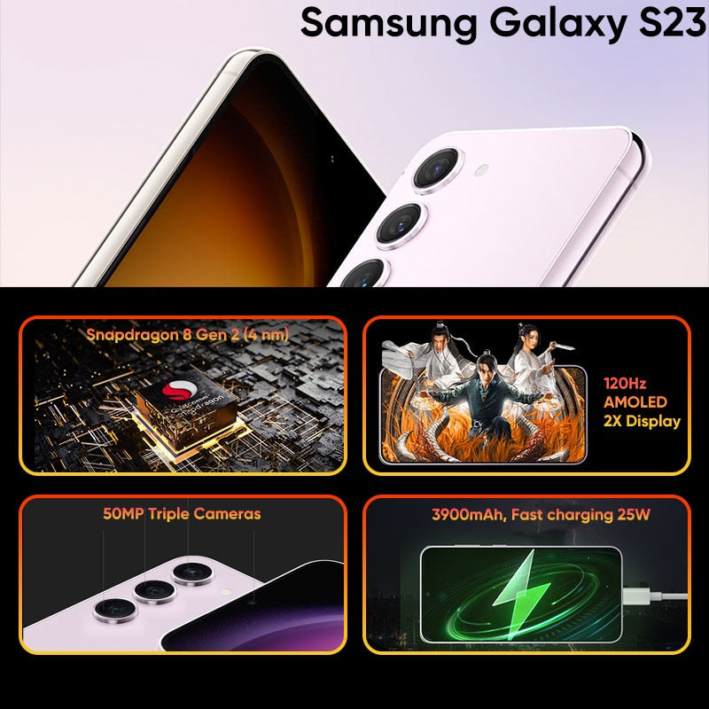 2023 New Samsung Galaxy S23 5G Smartphone Qualcomm SM8550-AC Snapdragon 8 Gen 2 120Hz AMOLED 2X Display Android13 NFC Cell Phone