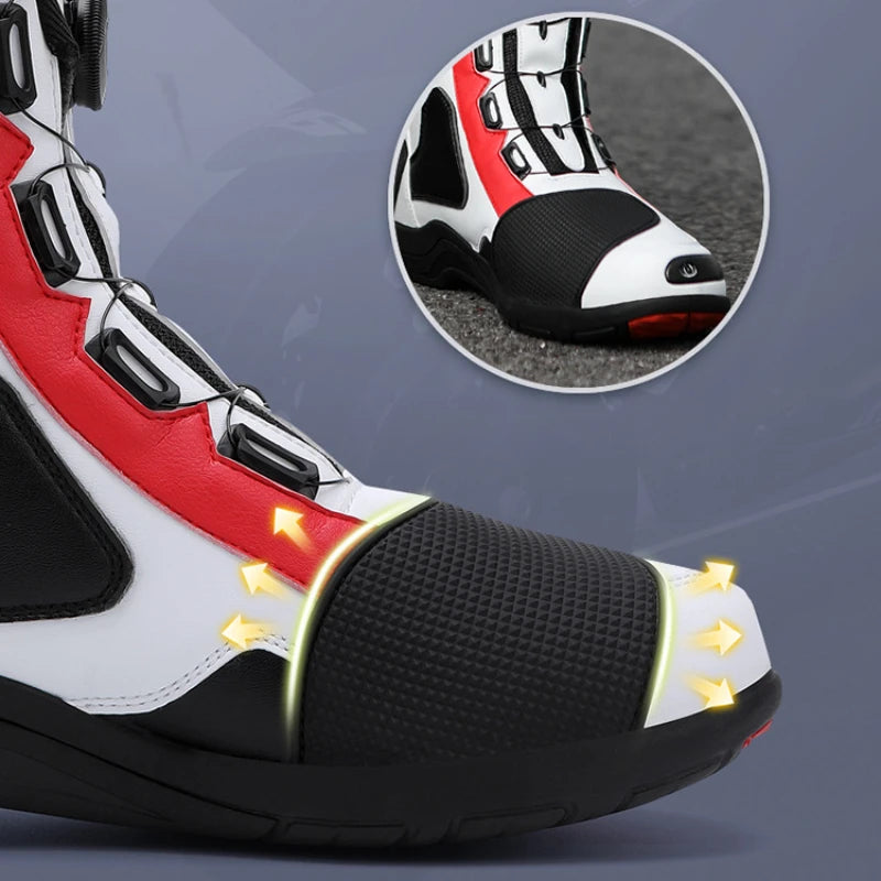Motorcycle Boots Men Shoes Microfiber Leather Anti-Crash Hanging Anti-Slip Design Quick Lacing Breathable Professional Sneaker