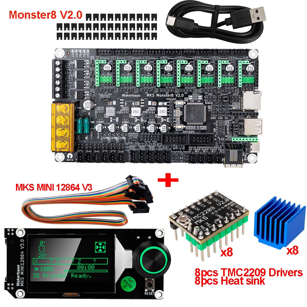 Makerbase MKS Monster8 Motherboard 32Bit Control Board DIY 3D Printer Part MINI12864 V3 Screen Mainboard TMC2209 Drive For Voron