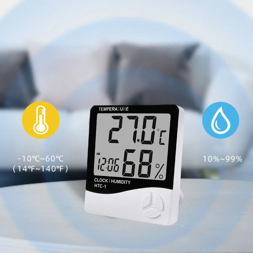 HTC1 Room Thermometer Digital LCD Indoor Hygrometer Humidity Meter Alarm Clock Precise Temperature And Humidity Monitoring
