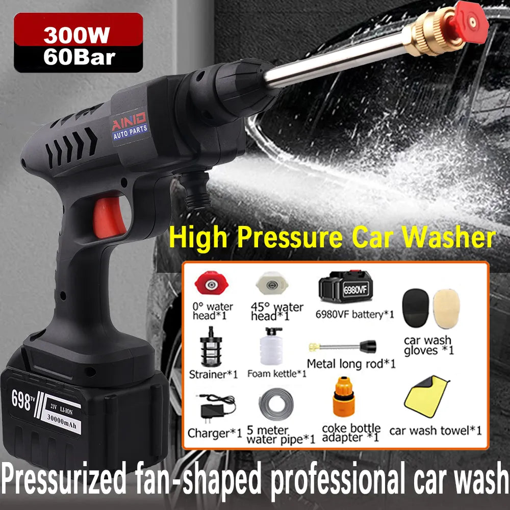 30000mAh Wireless Car Wash Gun Washer 60Bar Spray Nozzle High Pressure Cleaner for Auto Home Garden Cleaning Car Washing Machine