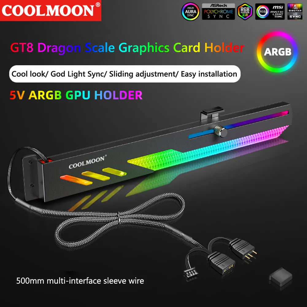 COOLMOON GT8 Graphics Card Bracket 5V ARGB Synchronous Horizontal Chassis Decoration GPU Support VGA Holder Video Card Stand
