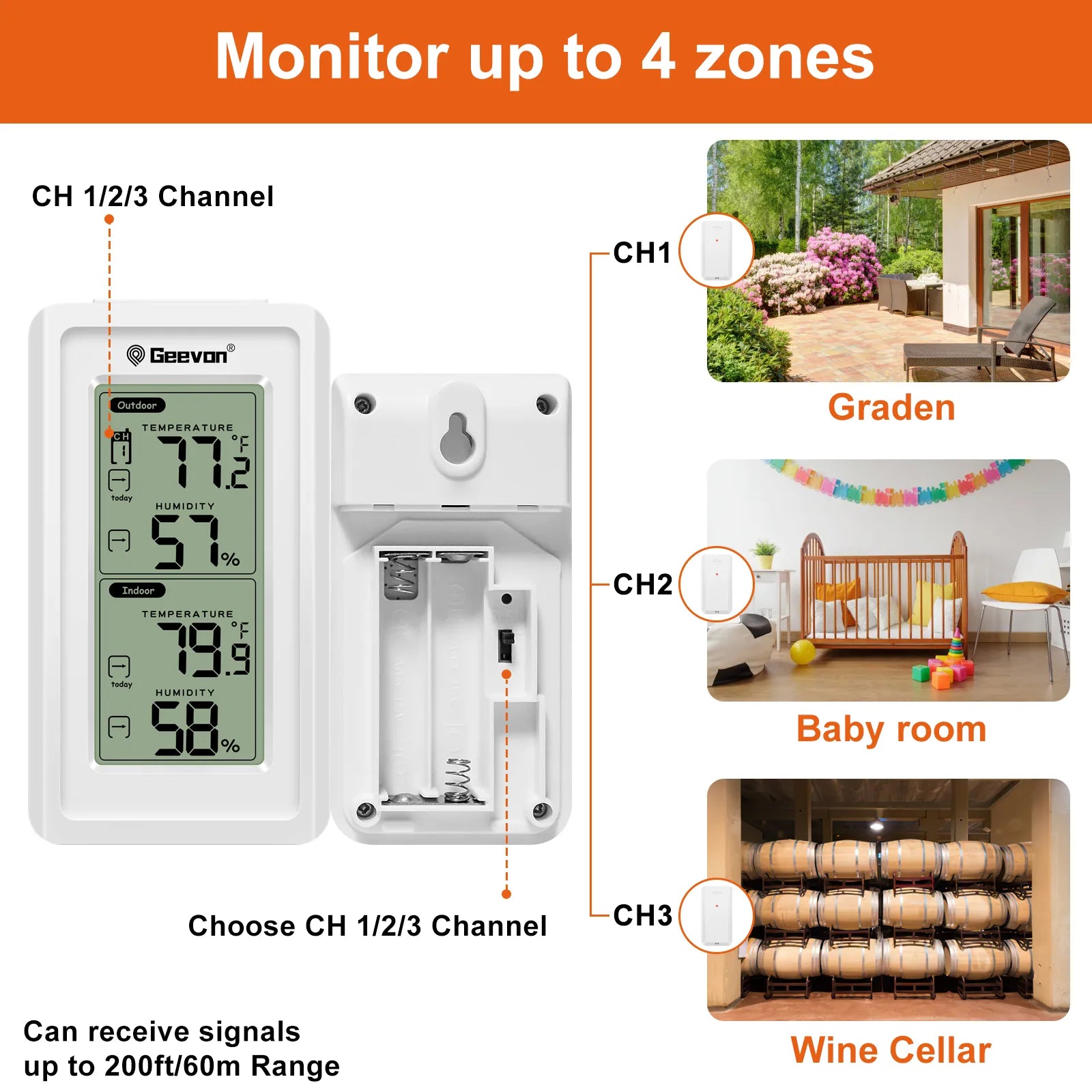 Geevon  Wireless Digital Hygrometer Temperature Gauge Weather Station With Backlight Wall Hanging Indoor Outdoor Thermometer