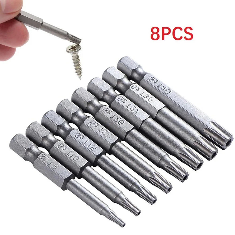 8pcs 50mm Torx Screwdriver Bits With Hole T8-T40 1/4 Inch Hex Shank Electric Screw Driver Blossom Hollow Bit Set Hand Tools